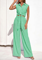 PRETTYGARDEN 2 Piece Sets For Women Summer Striped Button Down Tie Front Crop Tops Wide Leg Pants Floral Lounge Set