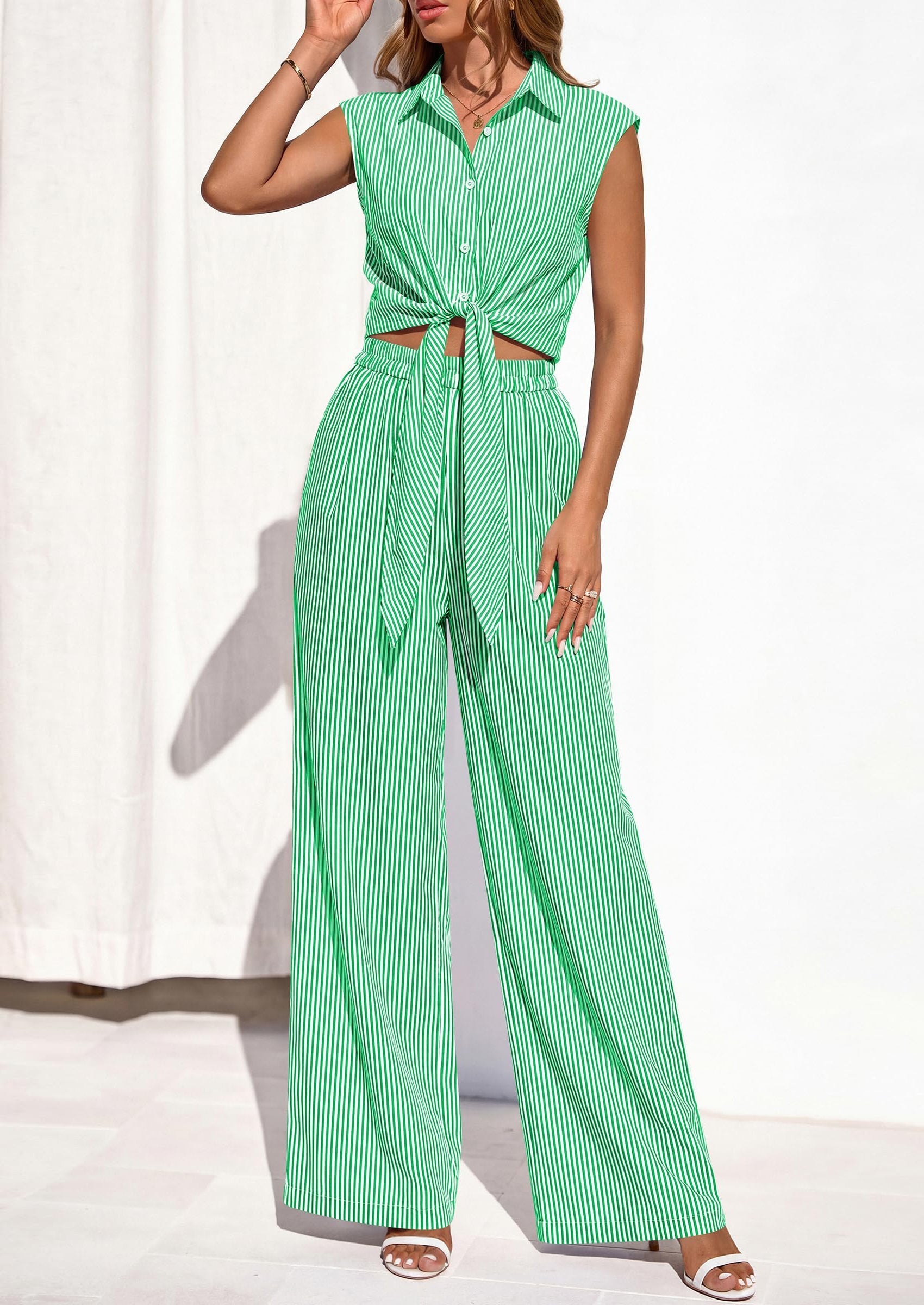 PRETTYGARDEN 2 Piece Sets For Women Summer Striped Button Down Tie Front Crop Tops Wide Leg Pants Floral Lounge Set