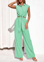 PRETTYGARDEN 2 Piece Sets For Women Summer Striped Button Down Tie Front Crop Tops Wide Leg Pants Floral Lounge Set