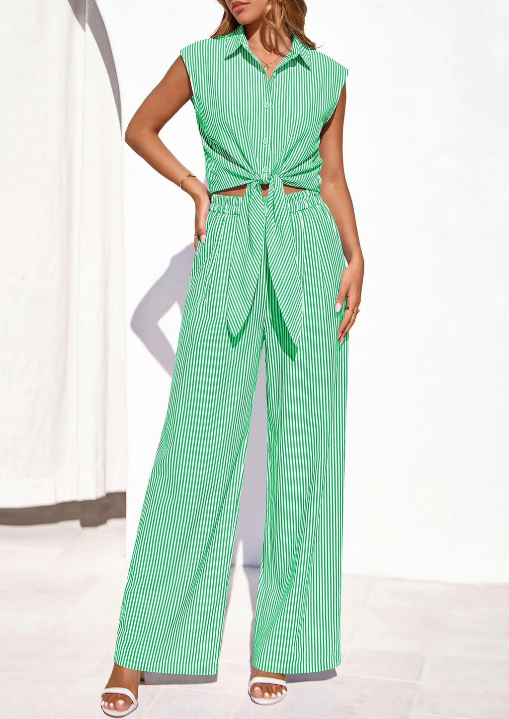 PRETTYGARDEN 2 Piece Sets For Women Summer Striped Button Down Tie Front Crop Tops Wide Leg Pants Floral Lounge Set