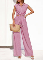 PRETTYGARDEN 2 Piece Sets For Women Summer Striped Button Down Tie Front Crop Tops Wide Leg Pants Floral Lounge Set