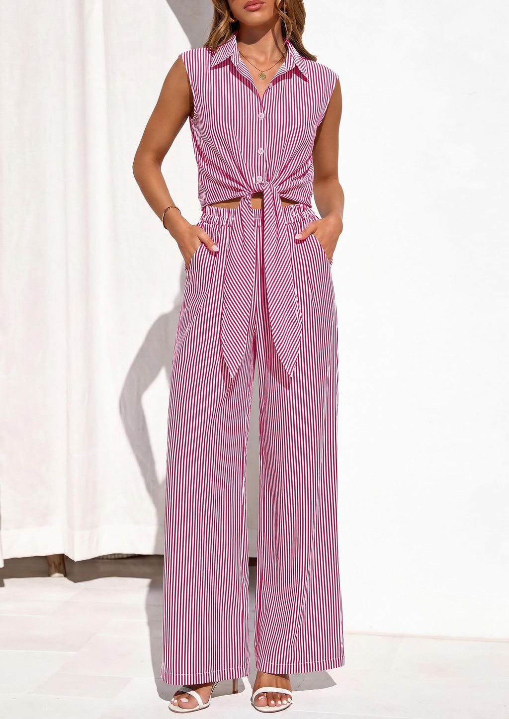PRETTYGARDEN 2 Piece Sets For Women Summer Striped Button Down Tie Front Crop Tops Wide Leg Pants Floral Lounge Set