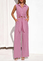 PRETTYGARDEN 2 Piece Sets For Women Summer Striped Button Down Tie Front Crop Tops Wide Leg Pants Floral Lounge Set