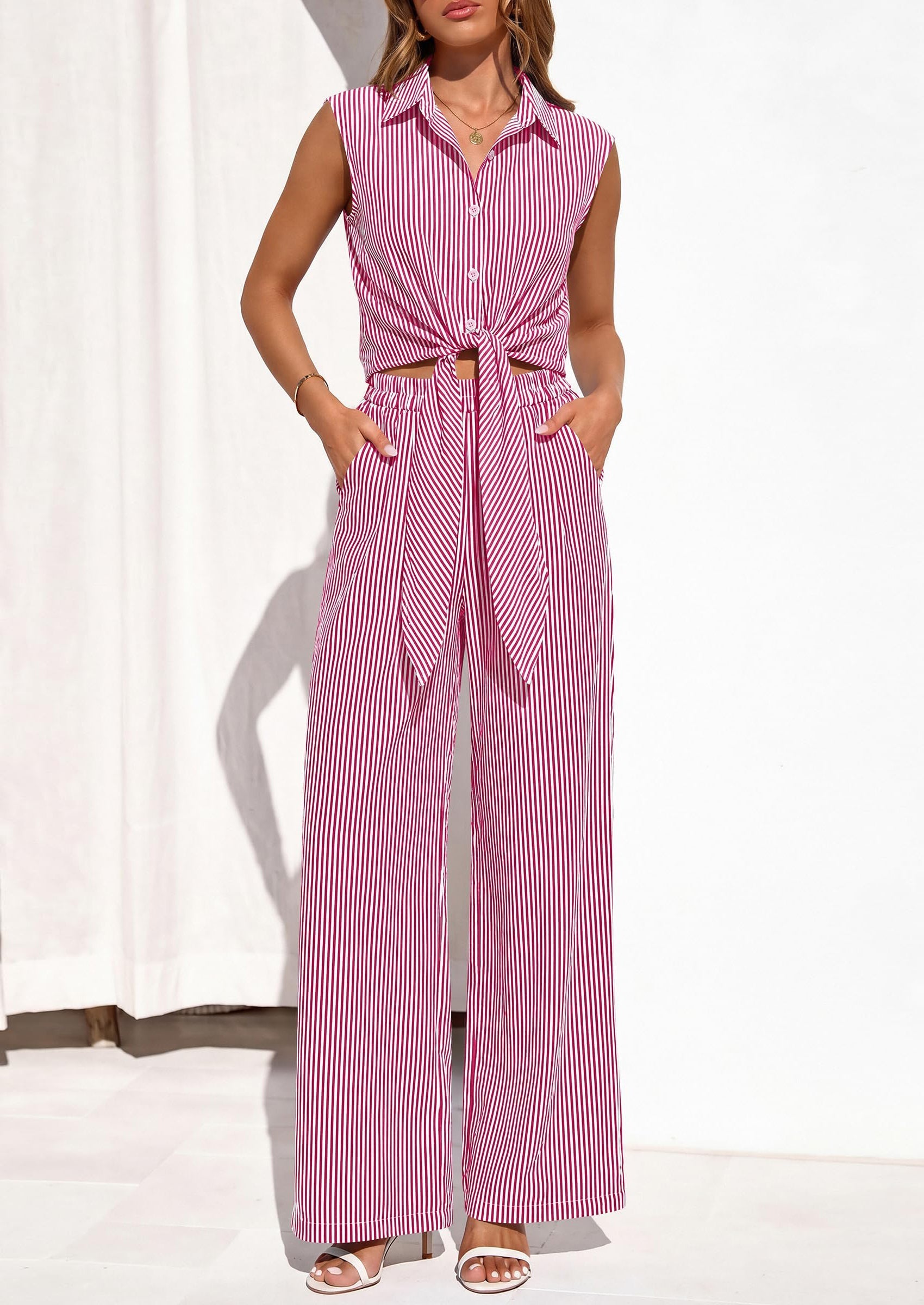 PRETTYGARDEN 2 Piece Sets For Women Summer Striped Button Down Tie Front Crop Tops Wide Leg Pants Floral Lounge Set