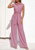 PRETTYGARDEN 2 Piece Sets For Women Summer Striped Button Down Tie Front Crop Tops Wide Leg Pants Floral Lounge Set