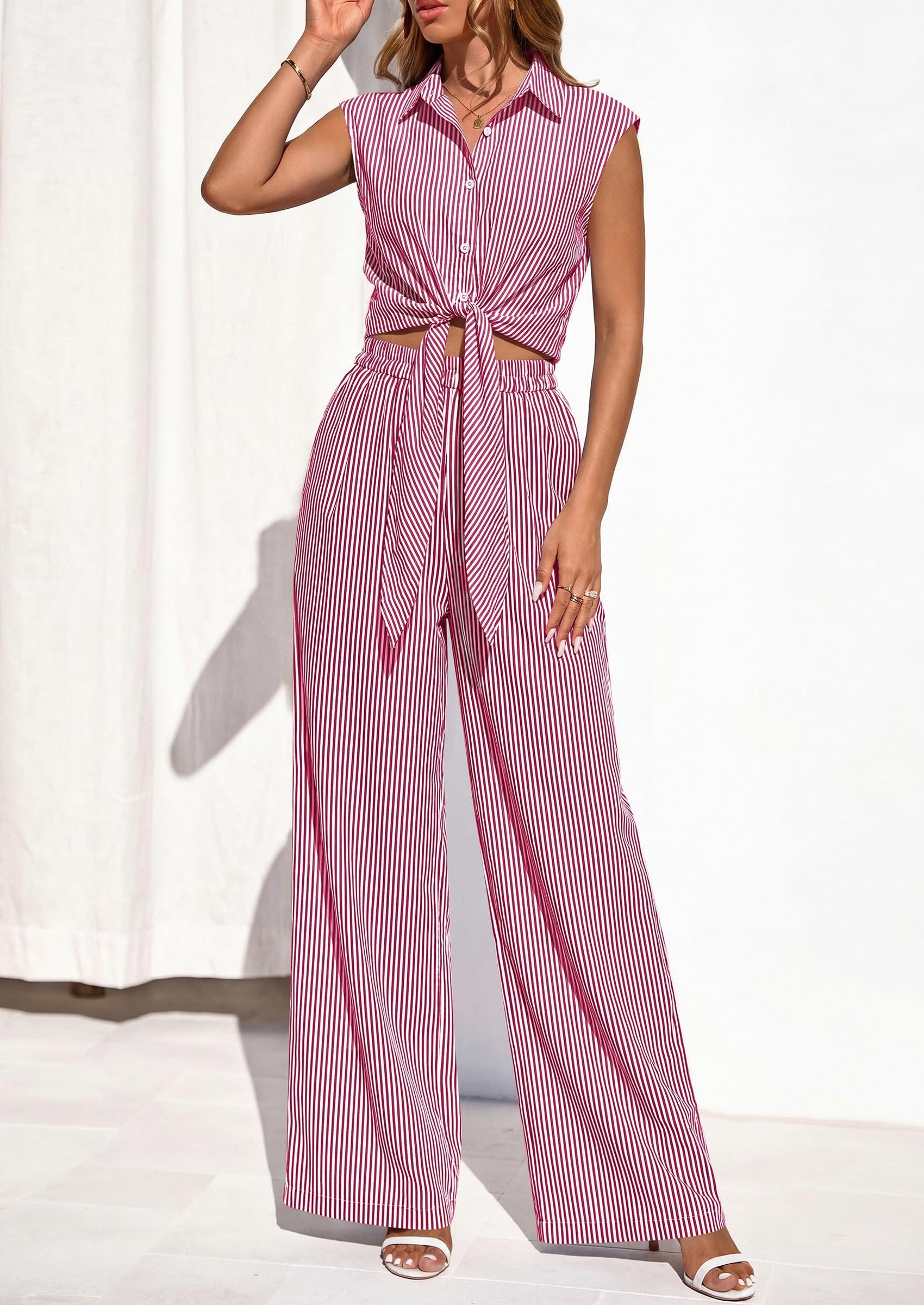 PRETTYGARDEN 2 Piece Sets For Women Summer Striped Button Down Tie Front Crop Tops Wide Leg Pants Floral Lounge Set