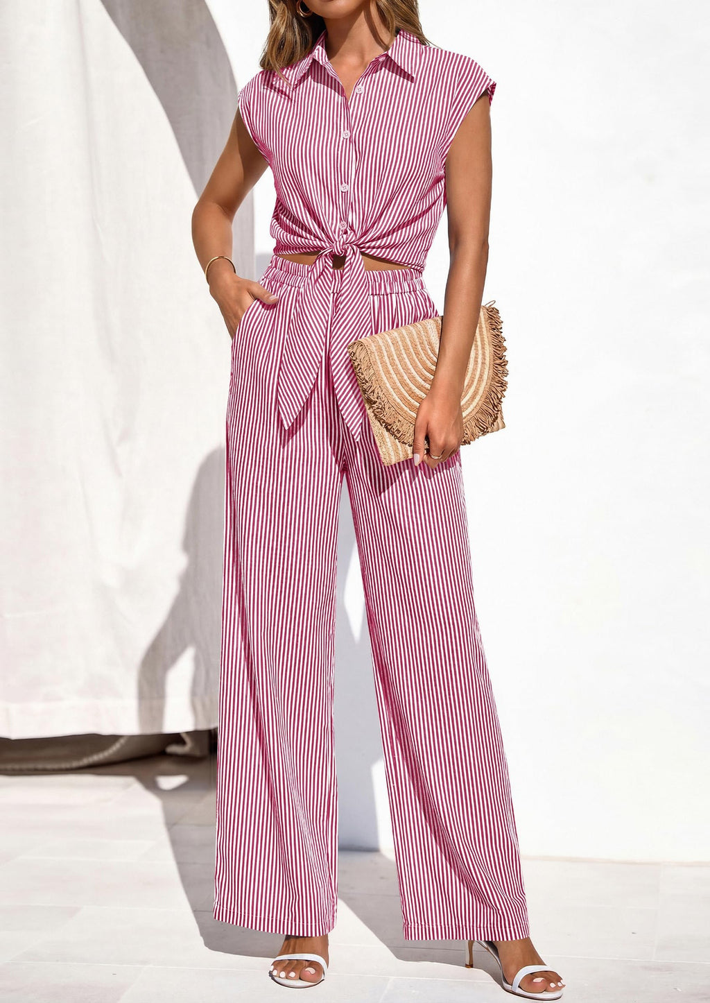 PRETTYGARDEN 2 Piece Sets For Women Summer Striped Button Down Tie Front Crop Tops Wide Leg Pants Floral Lounge Set