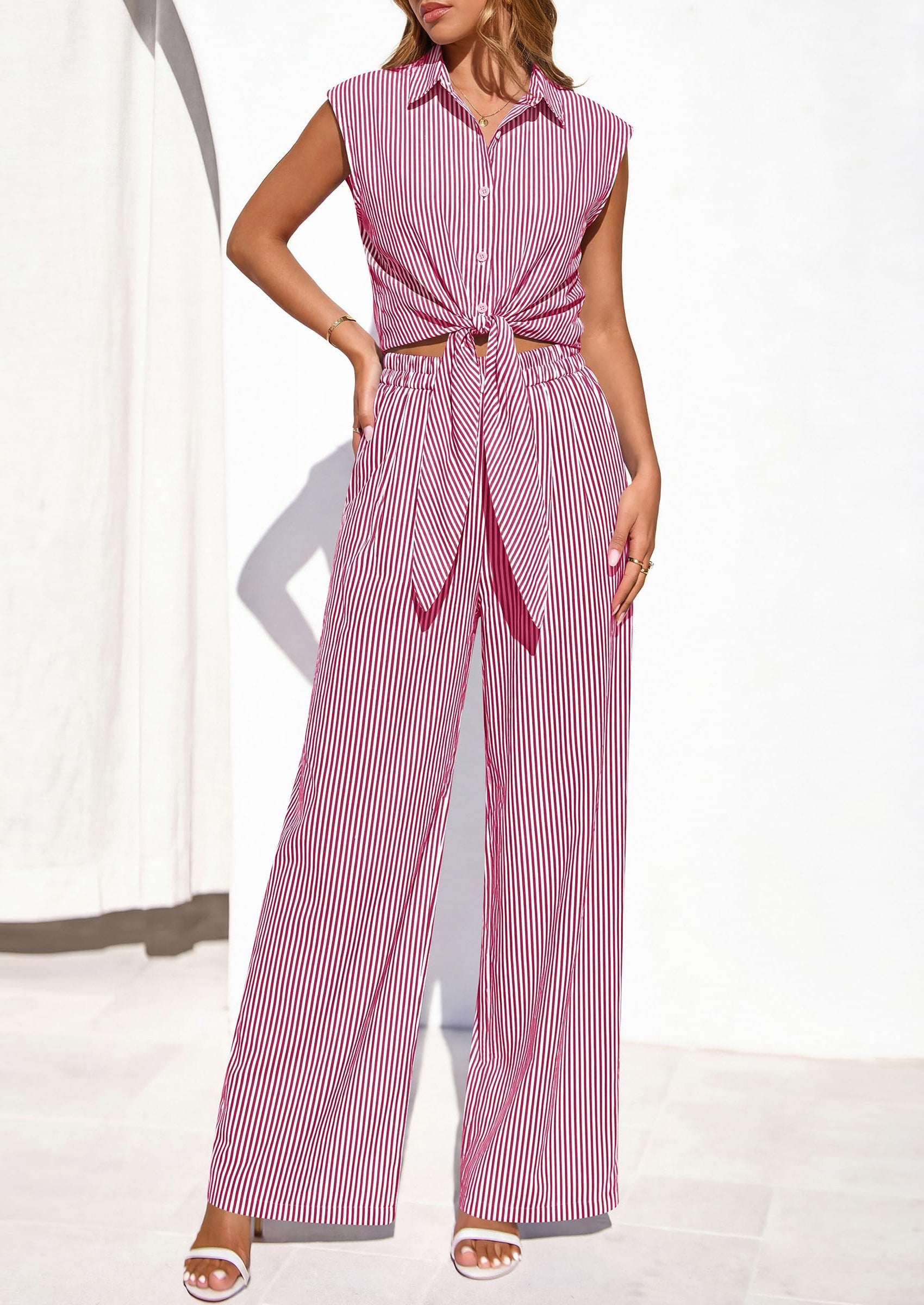 PRETTYGARDEN 2 Piece Sets For Women Summer Striped Button Down Tie Front Crop Tops Wide Leg Pants Floral Lounge Set