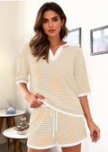PRETTYGARDEN Women 2 Piece Lounge Sets Short Sleeve V Neck Striped Tops Drawstring Short Sets Beach Summer Outfits