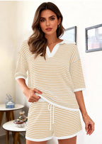 PRETTYGARDEN Women 2 Piece Lounge Sets Short Sleeve V Neck Striped Tops Drawstring Short Sets Beach Summer Outfits