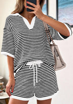 PRETTYGARDEN Women 2 Piece Lounge Sets Short Sleeve V Neck Striped Tops Drawstring Short Sets Beach Summer Outfits