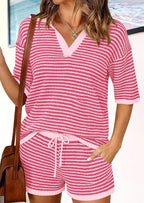 PRETTYGARDEN Women 2 Piece Lounge Sets Short Sleeve V Neck Striped Tops Drawstring Short Sets Beach Summer Outfits