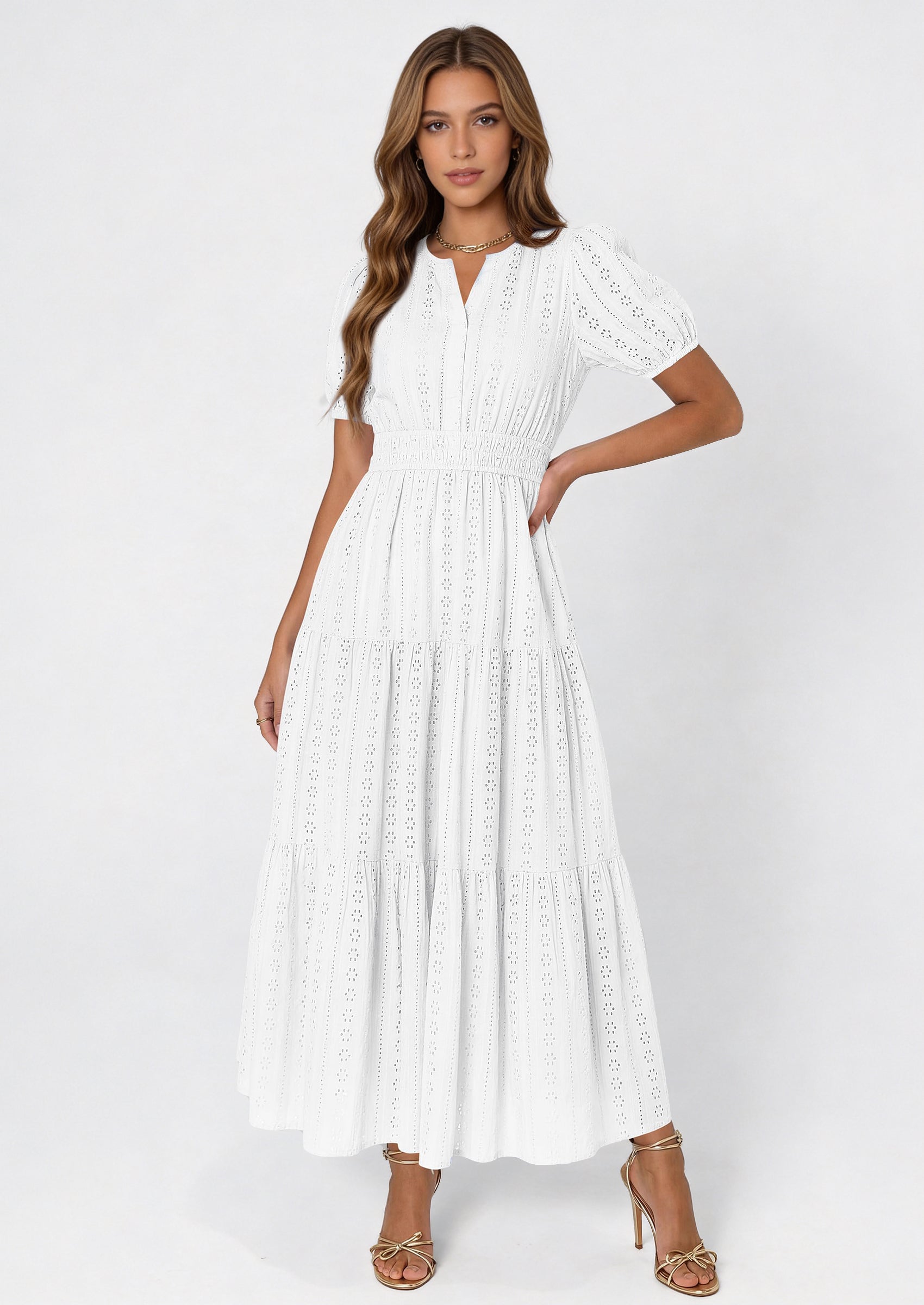 PRETTYGARDEN Womens Summer Maxi Dresses Casual Puff Sleeve V Neck Smocked Flowy Eyelet Cotton Dress Spring Sundress