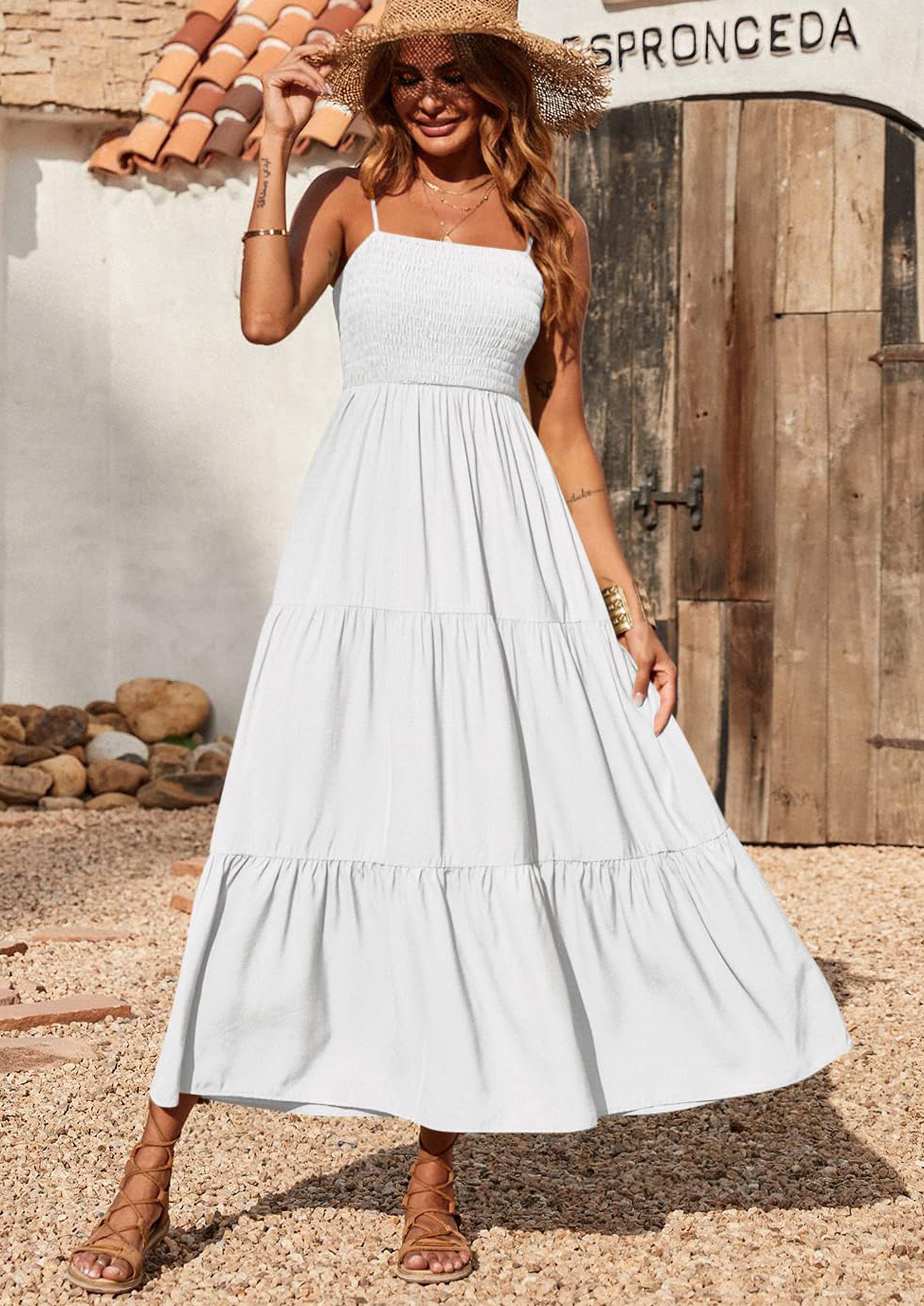 PRETTYGARDEN Women's Summer Maxi Dress Casual Boho Sleeveless Spaghetti Strap Smocked Tiered Long Beach Sundresses