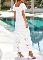 PRETTYGARDEN Dresses for Women Eyelet Square Neck Puff Sleeve Smocked Wedding Guest Maxi Dress with Pockets