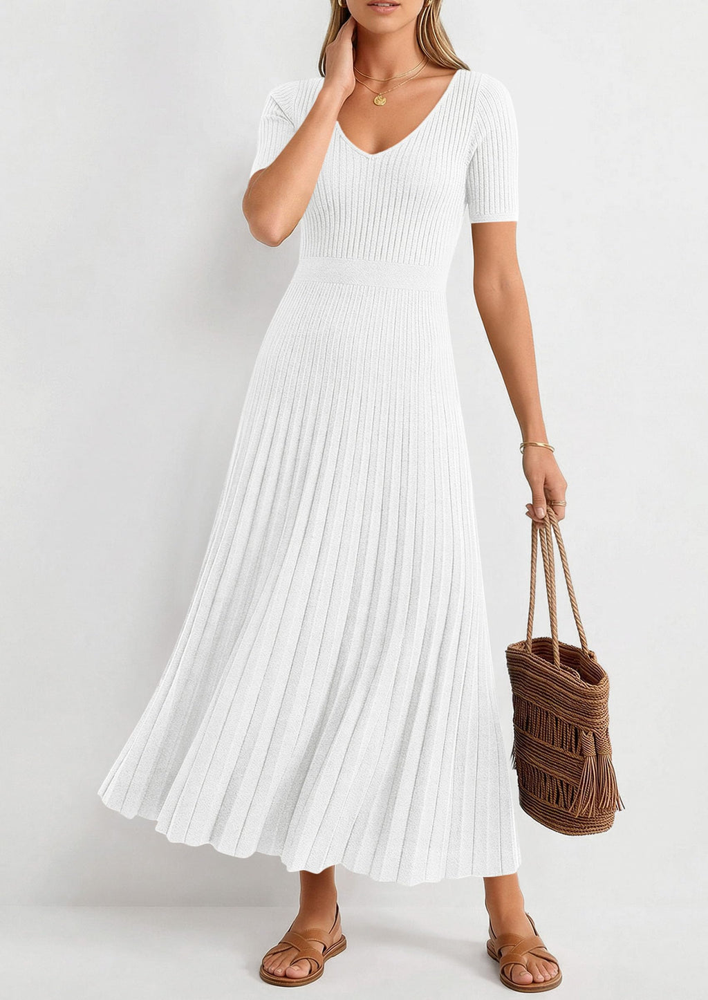 PRETTYGARDEN Women's Spring Midi Sweater Dresses Elegant Pleated Ribbed Knit Short Sleeve V Neck A Line Summer Outfits