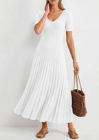 PRETTYGARDEN Women's Spring Midi Sweater Dresses Elegant Pleated Ribbed Knit Short Sleeve V Neck A Line Summer Outfits
