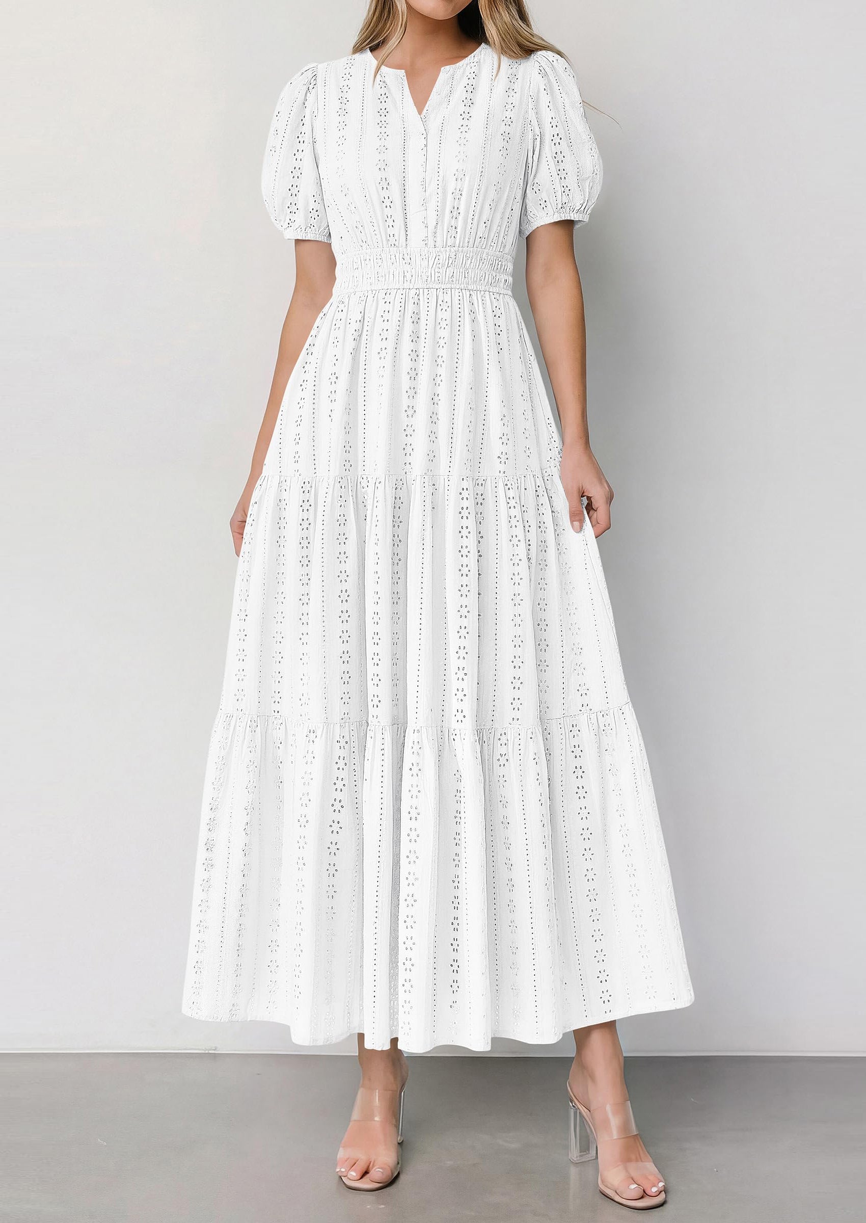 PRETTYGARDEN Womens Summer Maxi Dresses Casual Puff Sleeve V Neck Smocked Flowy Eyelet Cotton Dress Spring Sundress