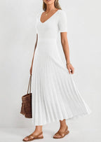 PRETTYGARDEN Women's Spring Midi Sweater Dresses Elegant Pleated Ribbed Knit Short Sleeve V Neck A Line Summer Outfits