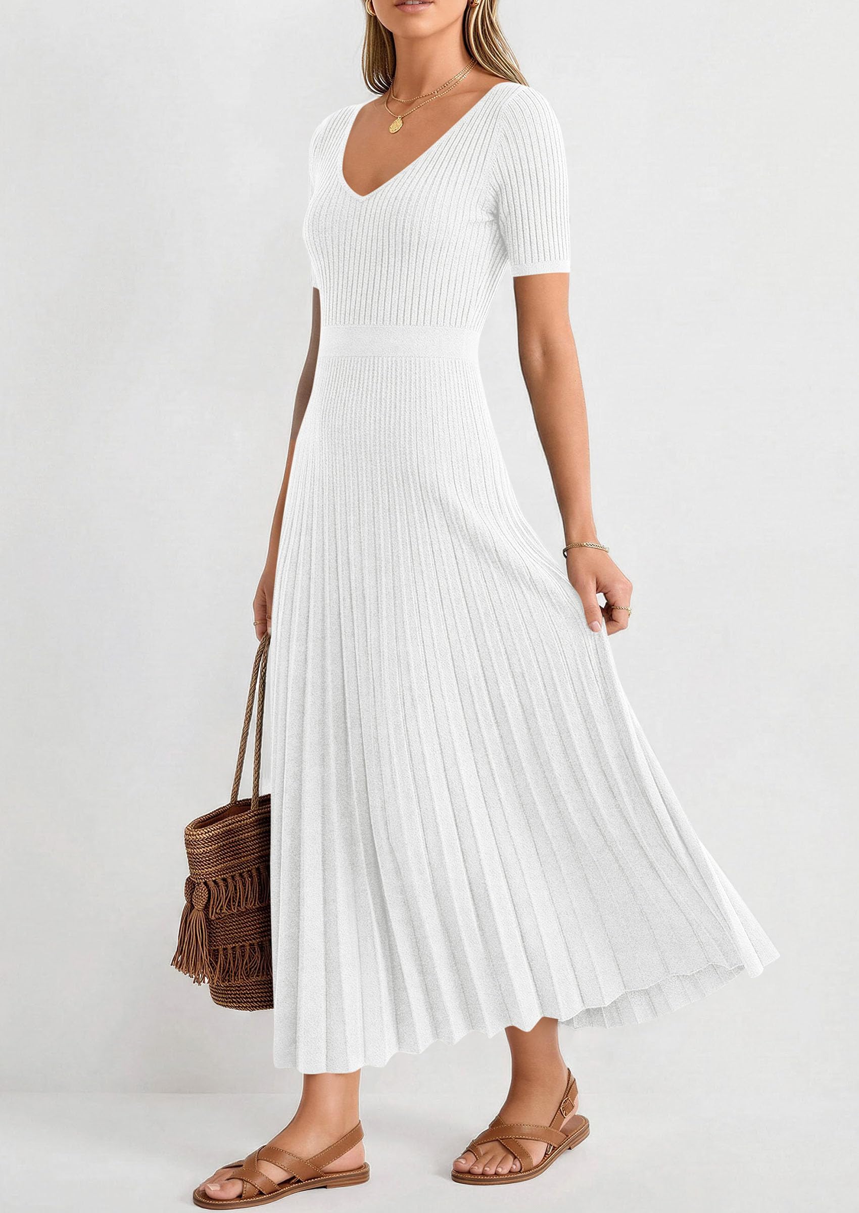 PRETTYGARDEN Women's Spring Midi Sweater Dresses Elegant Pleated Ribbed Knit Short Sleeve V Neck A Line Summer Outfits
