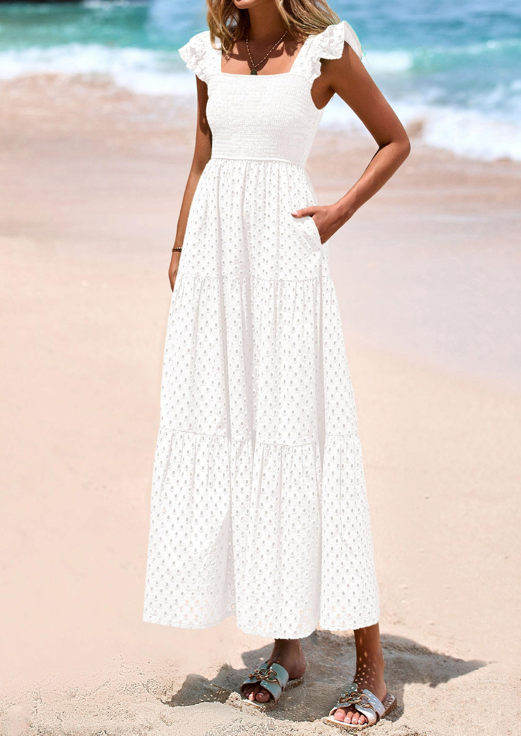 PRETTYGARDEN Womens Square Neck Maxi Dresses Cap Sleeve Eyelet Smocked Tiered A Line Flowy Long Dress with Pockets
