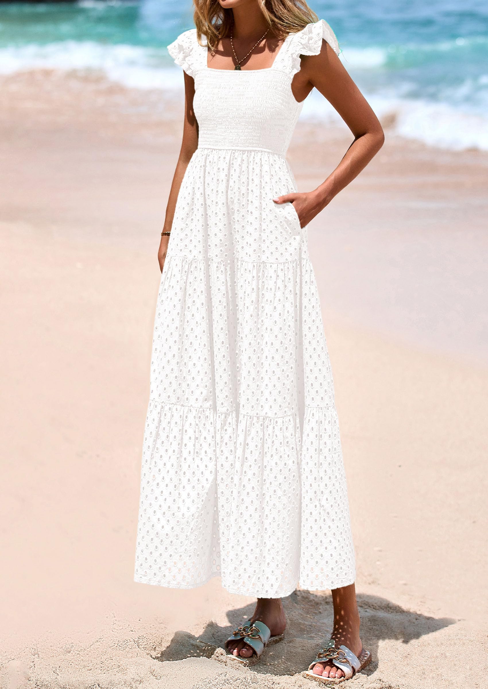PRETTYGARDEN Womens Square Neck Maxi Dresses Cap Sleeve Eyelet Smocked Tiered A Line Flowy Long Dress with Pockets