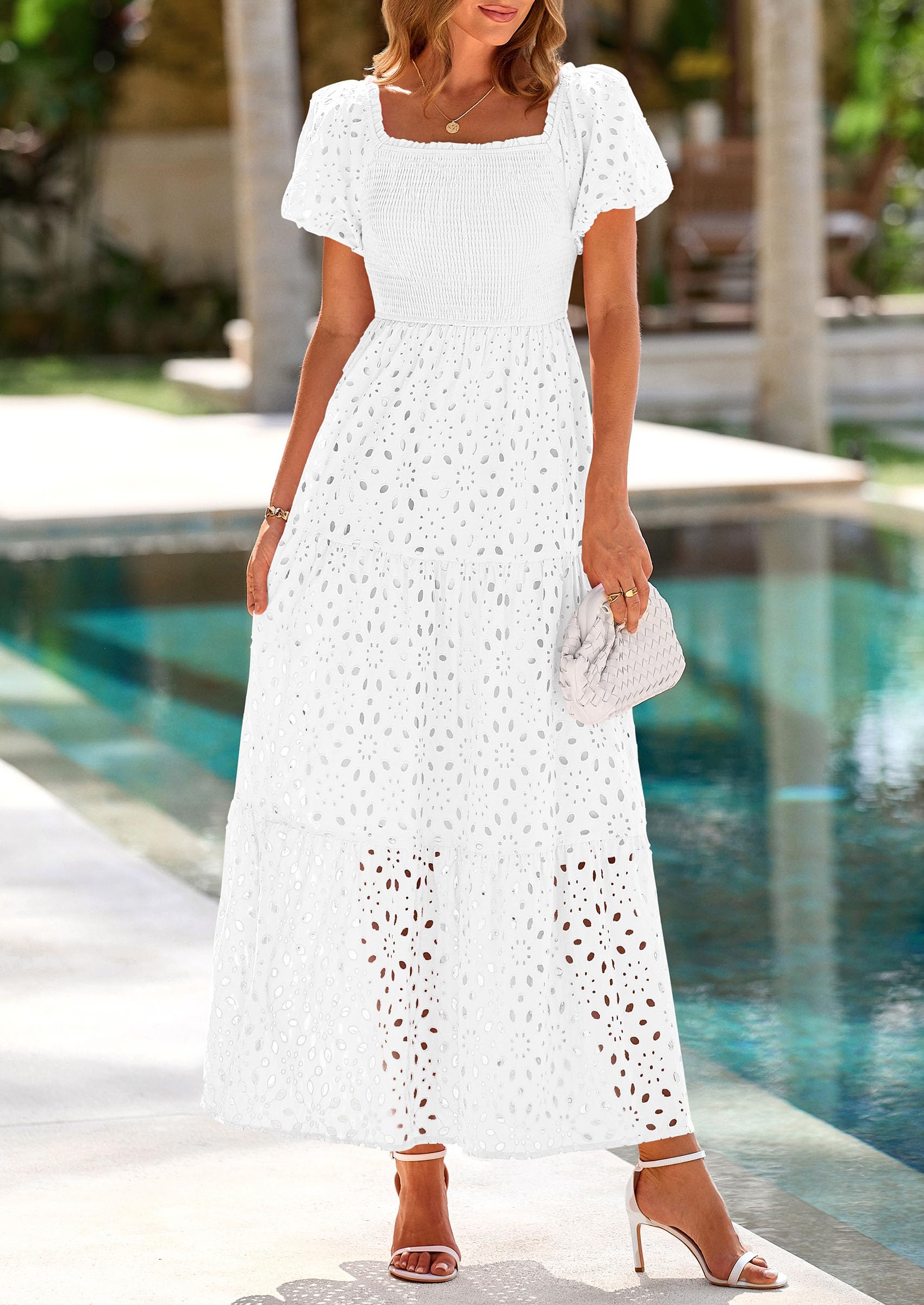 PRETTYGARDEN Dresses for Women Eyelet Square Neck Puff Sleeve Smocked Wedding Guest Maxi Dress with Pockets