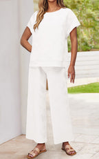 PRETTYGARDEN 2 Piece Outfits For Women Casual Tracksuit Short Sleeve Tops And Wide Leg Long Pants Matching Lounge Sets