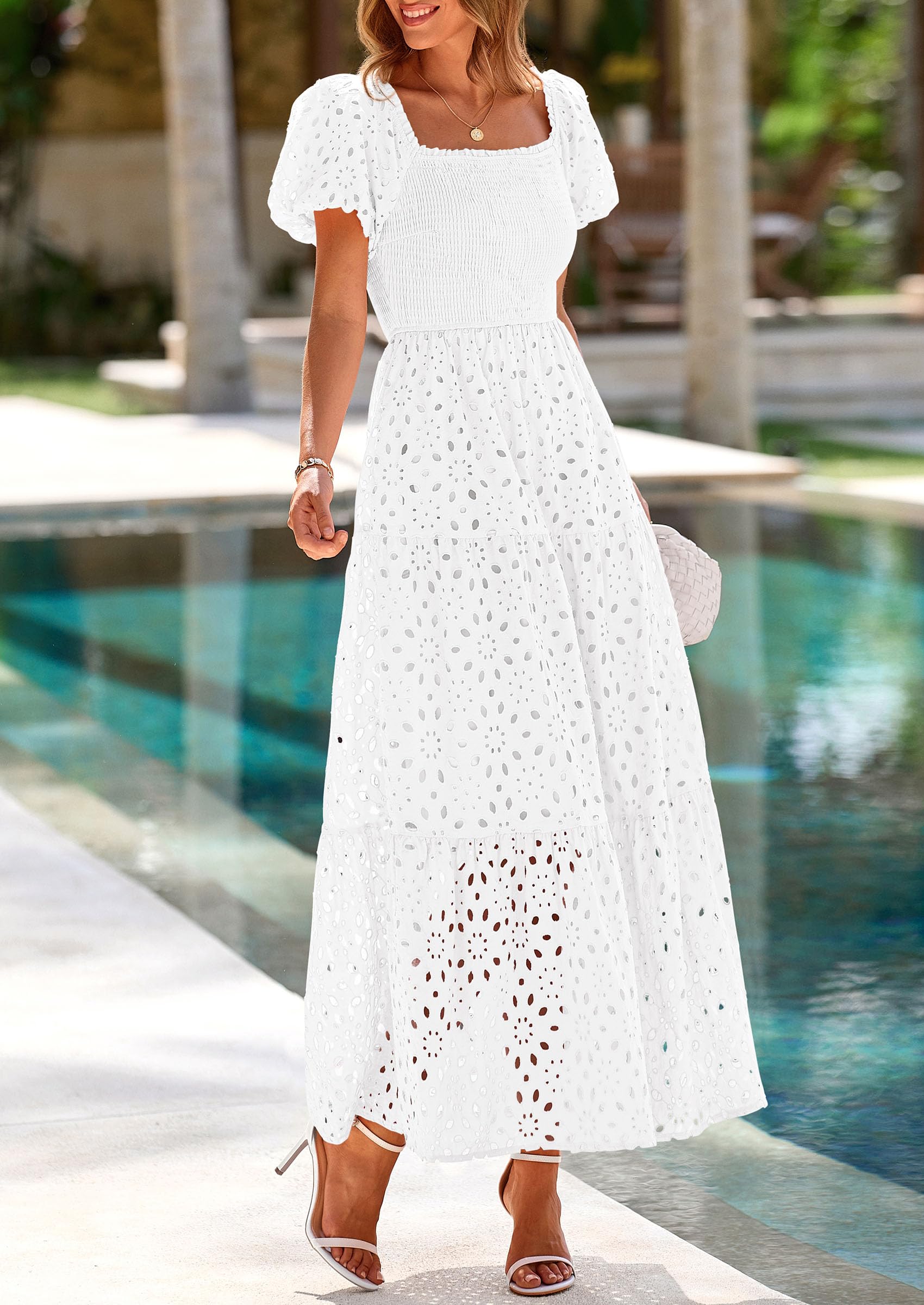 PRETTYGARDEN Dresses for Women Eyelet Square Neck Puff Sleeve Smocked Wedding Guest Maxi Dress with Pockets