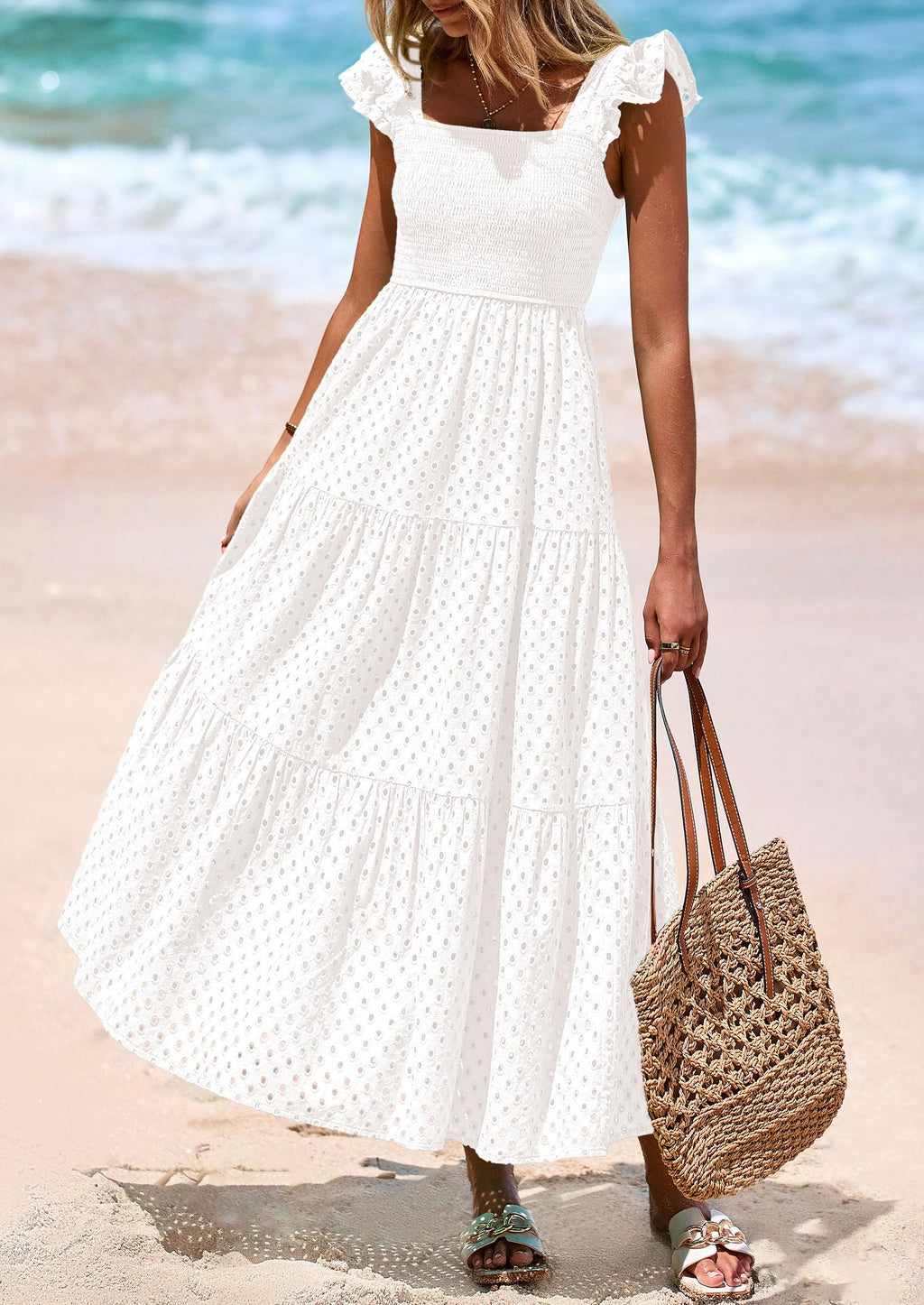 PRETTYGARDEN Womens Square Neck Maxi Dresses Cap Sleeve Eyelet Smocked Tiered A Line Flowy Long Dress with Pockets