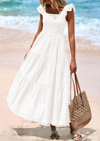 PRETTYGARDEN Womens Square Neck Maxi Dresses Cap Sleeve Eyelet Smocked Tiered A Line Flowy Long Dress with Pockets