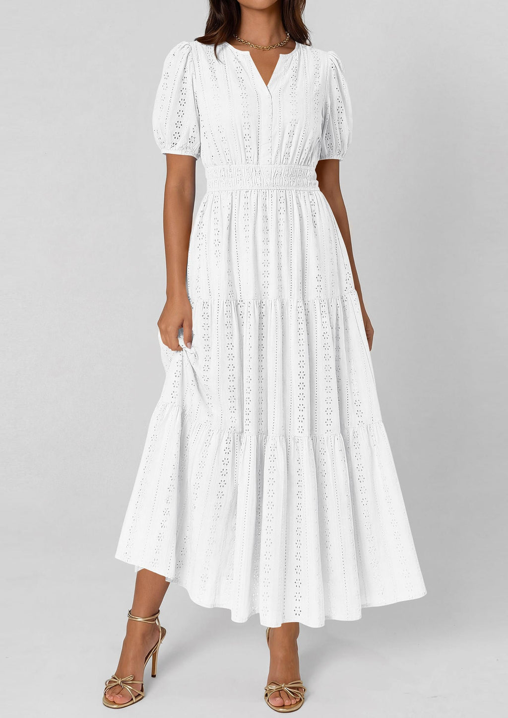 PRETTYGARDEN Womens Summer Maxi Dresses Casual Puff Sleeve V Neck Smocked Flowy Eyelet Cotton Dress Spring Sundress