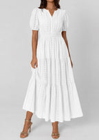 PRETTYGARDEN Womens Summer Maxi Dresses Casual Puff Sleeve V Neck Smocked Flowy Eyelet Cotton Dress Spring Sundress