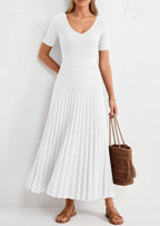 PRETTYGARDEN Women's Spring Midi Sweater Dresses Elegant Pleated Ribbed Knit Short Sleeve V Neck A Line Summer Outfits