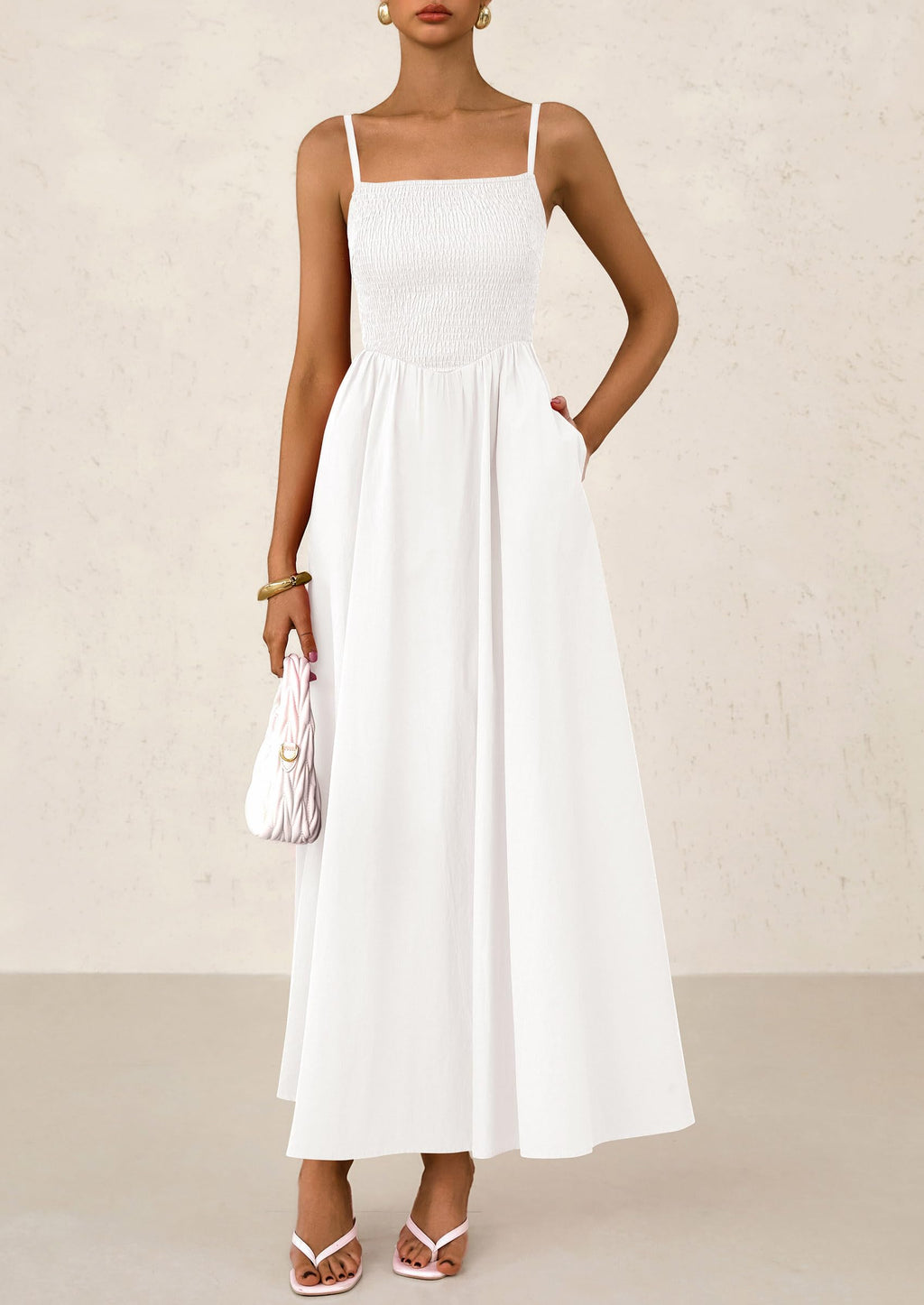 PRETTYGARDEN Women's Smocked Maxi Dresses Beach Sundress Casual Spaghetti Strap Swing A Line Long Flowy Dress