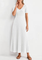 PRETTYGARDEN Women's Spring Midi Sweater Dresses Elegant Pleated Ribbed Knit Short Sleeve V Neck A Line Summer Outfits