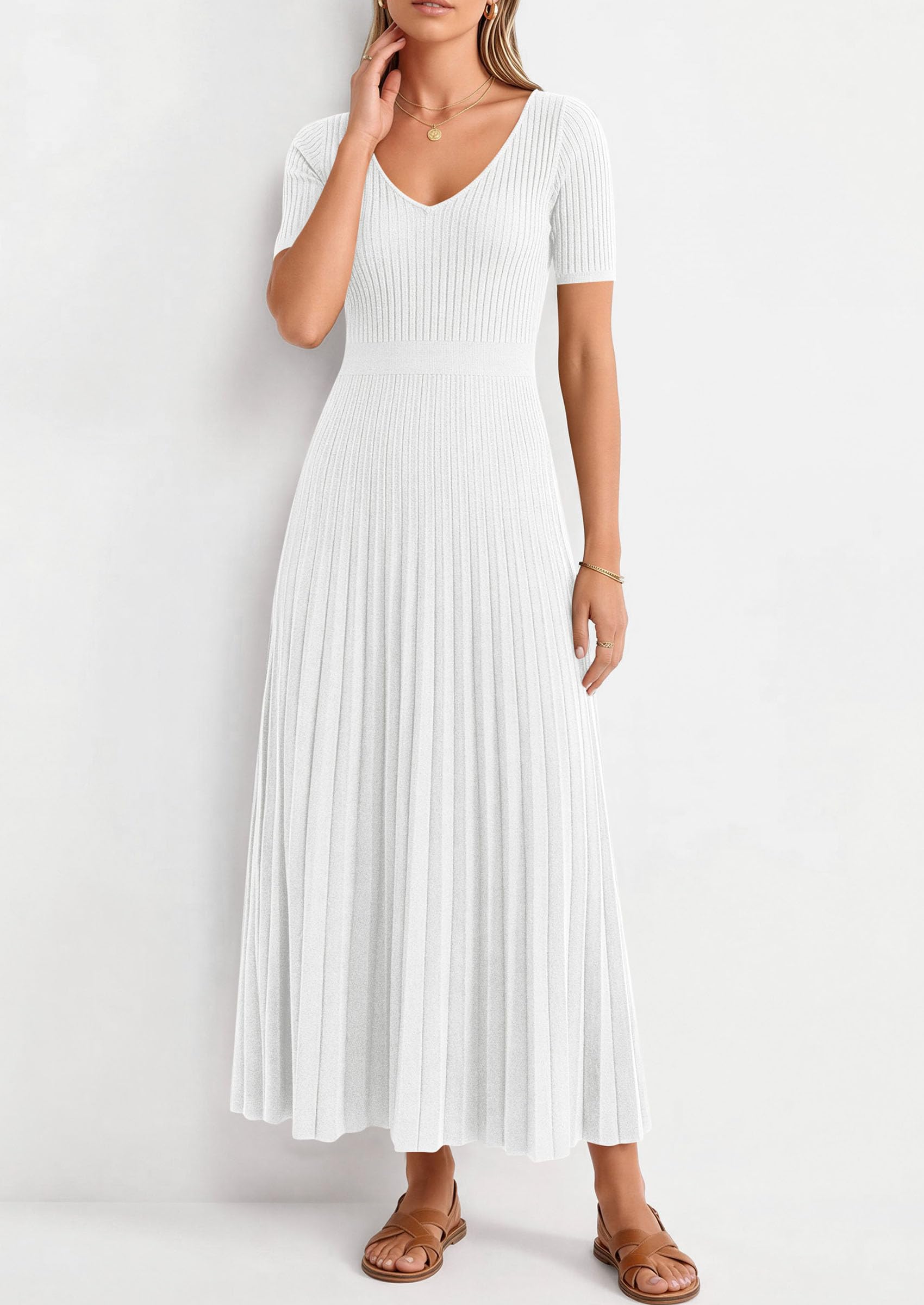 PRETTYGARDEN Women's Spring Midi Sweater Dresses Elegant Pleated Ribbed Knit Short Sleeve V Neck A Line Summer Outfits