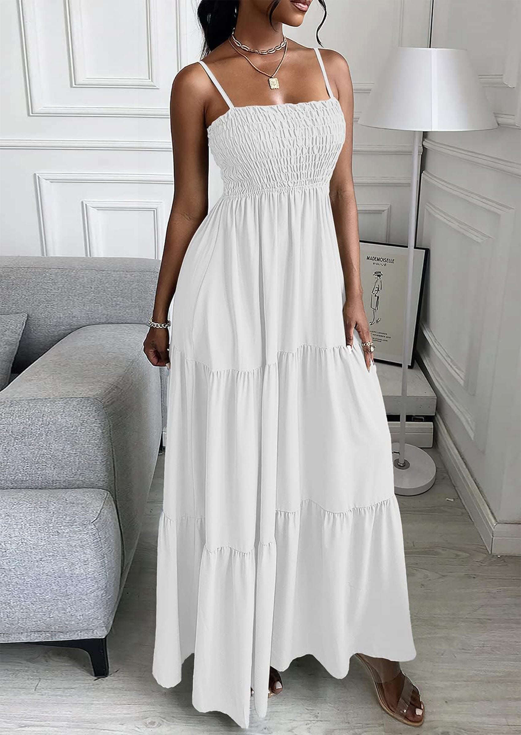 PRETTYGARDEN Women's Summer Maxi Dress Casual Boho Sleeveless Spaghetti Strap Smocked Tiered Long Beach Sundresses