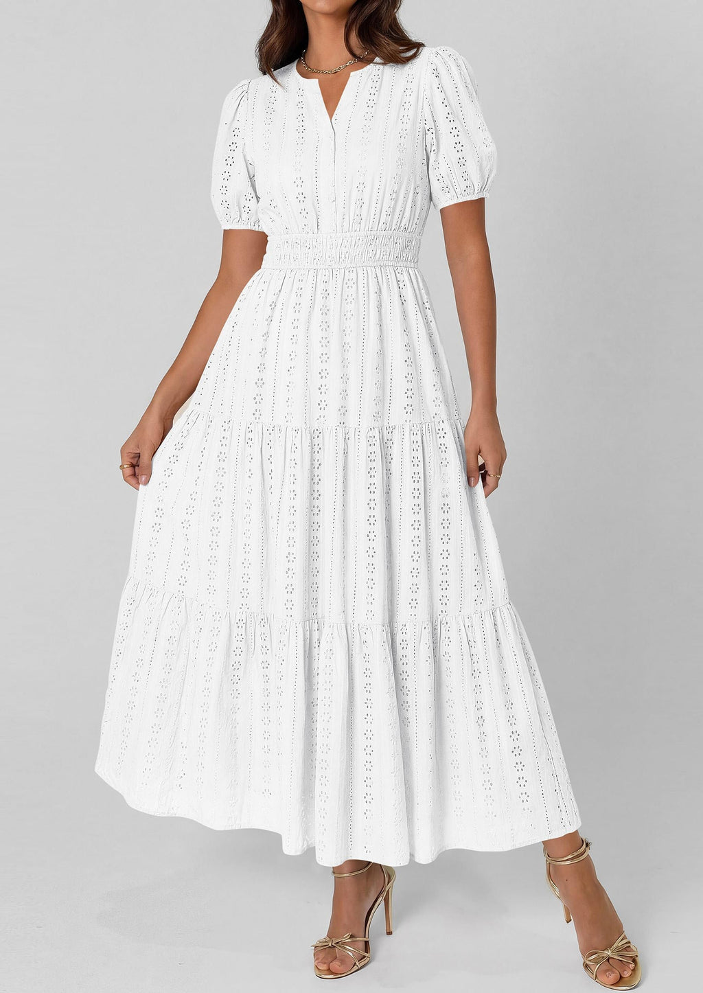PRETTYGARDEN Womens Summer Maxi Dresses Casual Puff Sleeve V Neck Smocked Flowy Eyelet Cotton Dress Spring Sundress