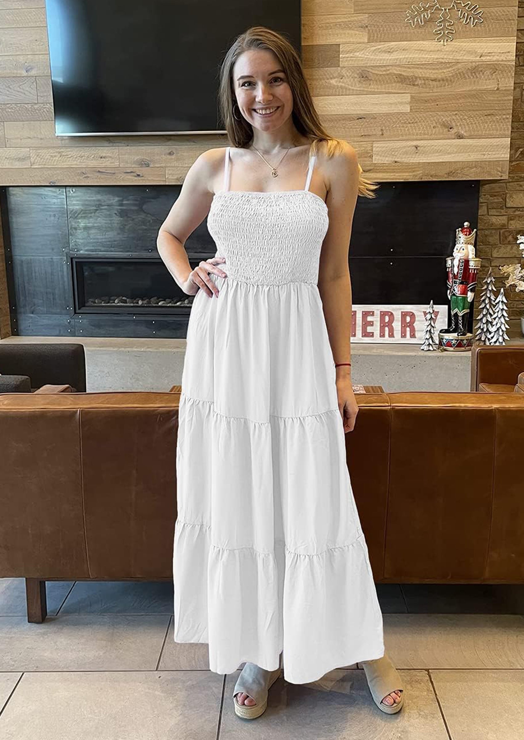 PRETTYGARDEN Women's Summer Maxi Dress Casual Boho Sleeveless Spaghetti Strap Smocked Tiered Long Beach Sundresses