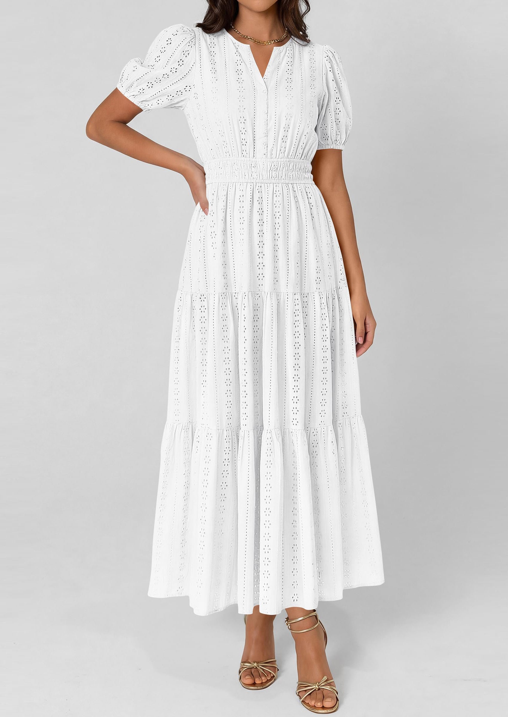 PRETTYGARDEN Womens Summer Maxi Dresses Casual Puff Sleeve V Neck Smocked Flowy Eyelet Cotton Dress Spring Sundress