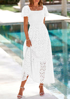 PRETTYGARDEN Dresses for Women Eyelet Square Neck Puff Sleeve Smocked Wedding Guest Maxi Dress with Pockets