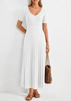 PRETTYGARDEN Women's Spring Midi Sweater Dresses Elegant Pleated Ribbed Knit Short Sleeve V Neck A Line Summer Outfits