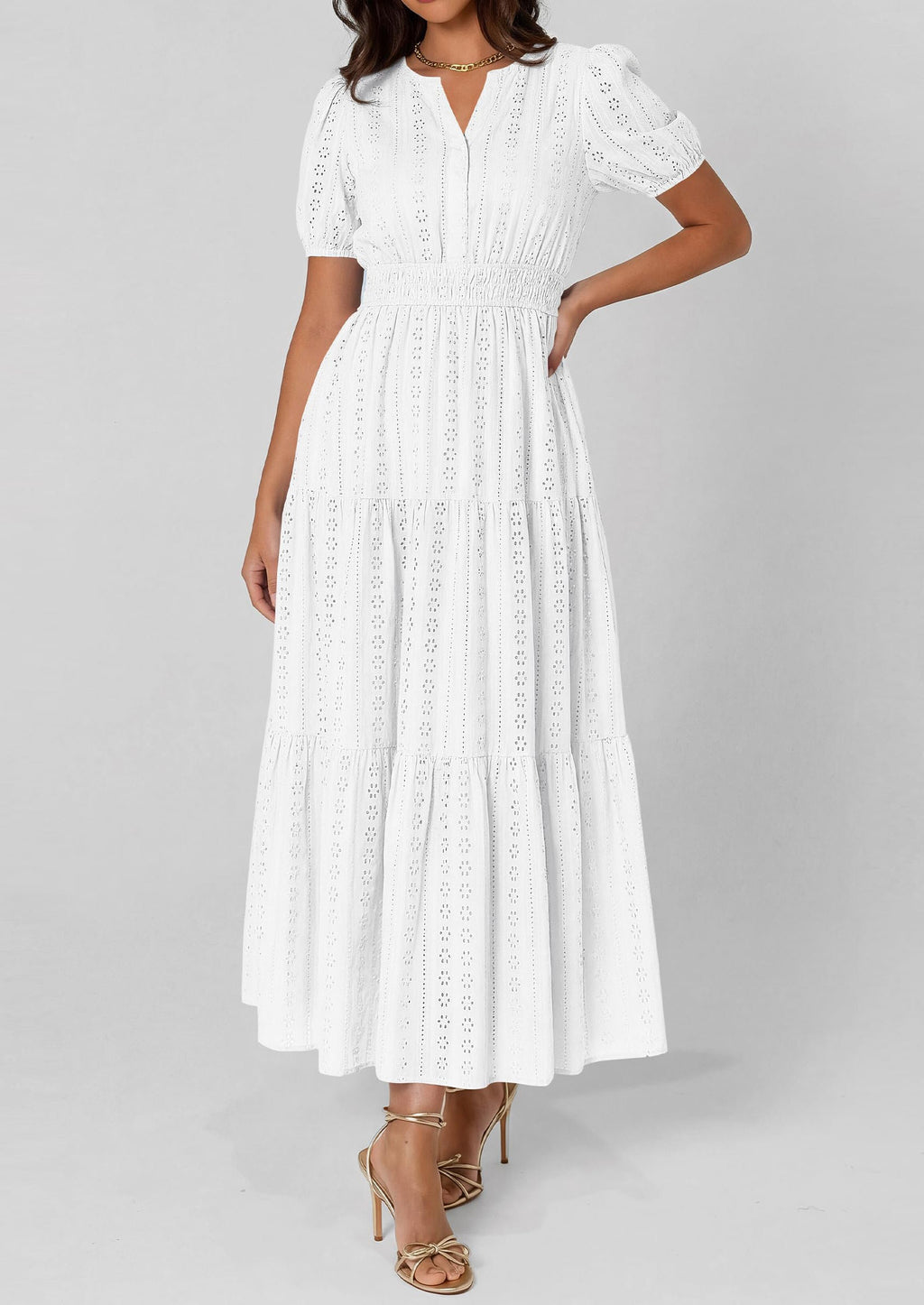 PRETTYGARDEN Womens Summer Maxi Dresses Casual Puff Sleeve V Neck Smocked Flowy Eyelet Cotton Dress Spring Sundress