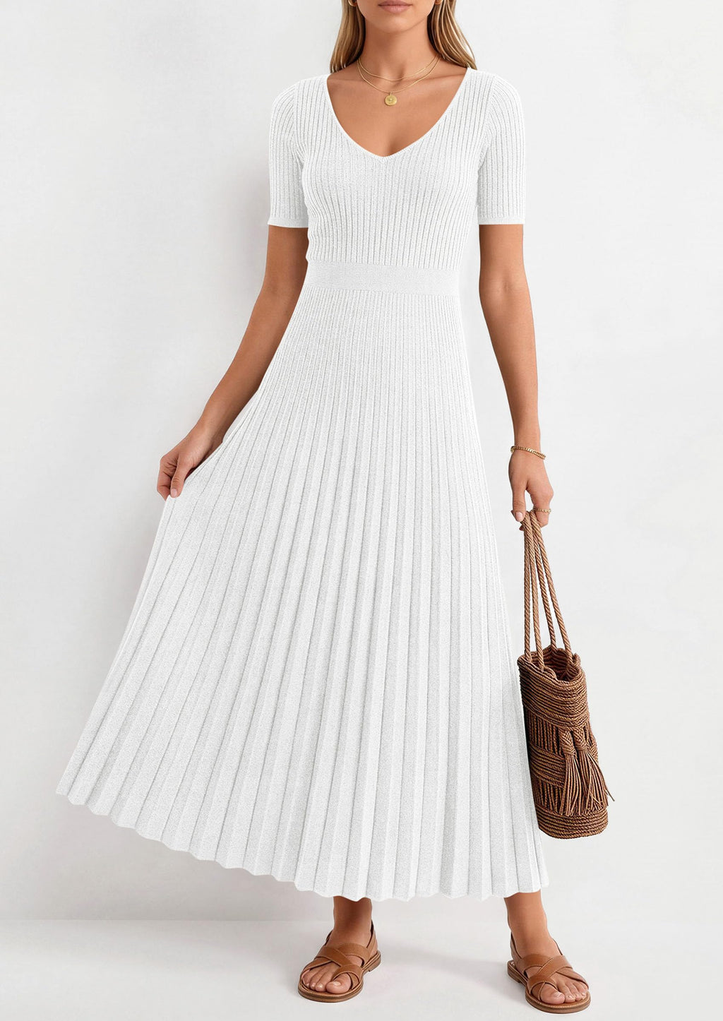 PRETTYGARDEN Women's Spring Midi Sweater Dresses Elegant Pleated Ribbed Knit Short Sleeve V Neck A Line Summer Outfits
