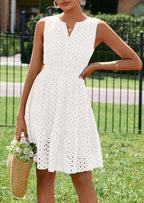 PRETTYGARDEN Women's Summer Dresses Sleeveless V Neck Eyelet Hollow Out Swing A Line Beach Vacation Sun Dress