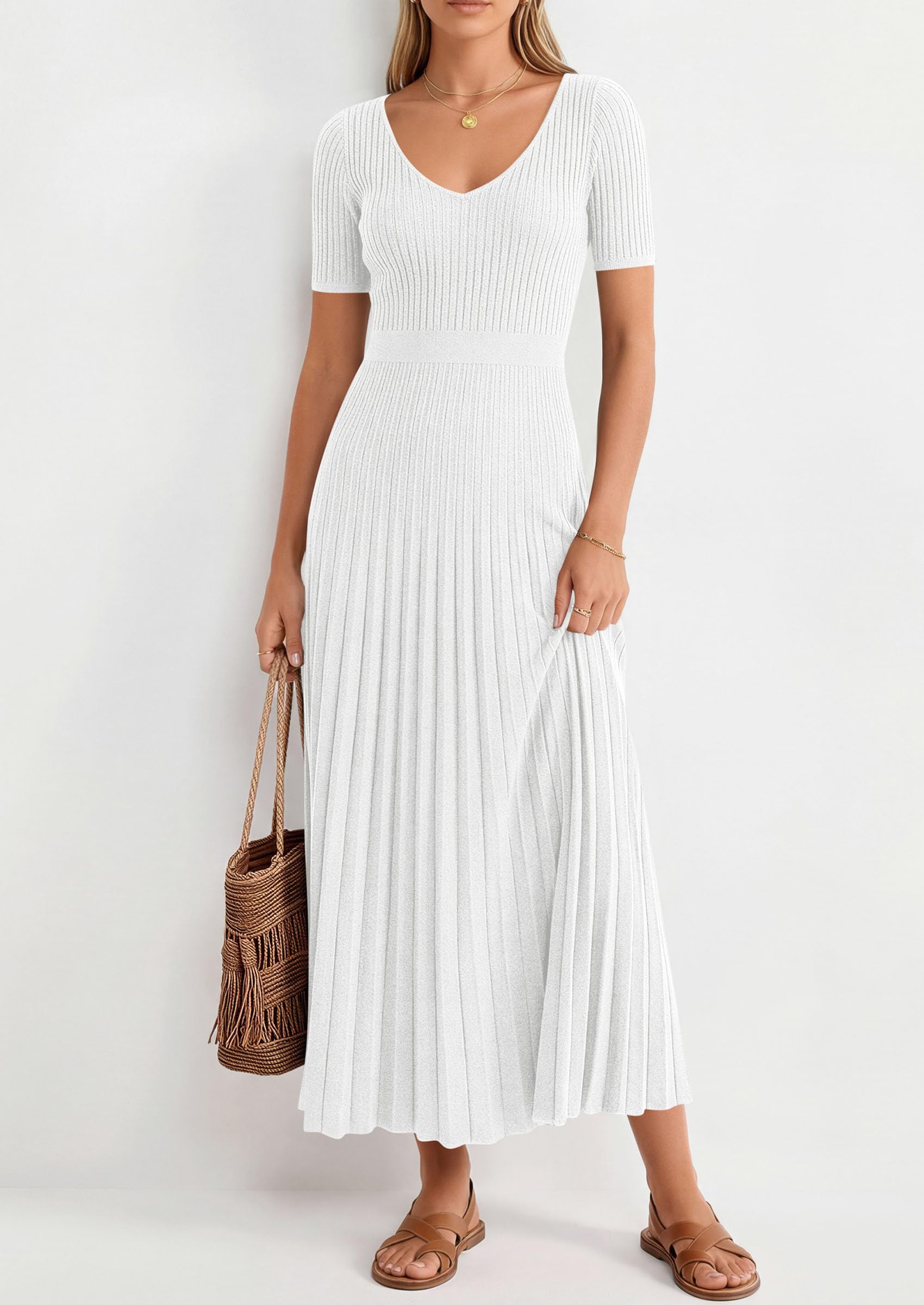 PRETTYGARDEN Women's Spring Midi Sweater Dresses Elegant Pleated Ribbed Knit Short Sleeve V Neck A Line Summer Outfits
