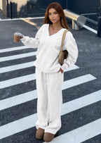 PRETTYGARDEN Casual Winter Two Piece Sets for Women V Neck Sweatshirt Loose Wide Leg Pants Tracksuit Knit Fall Outfits
