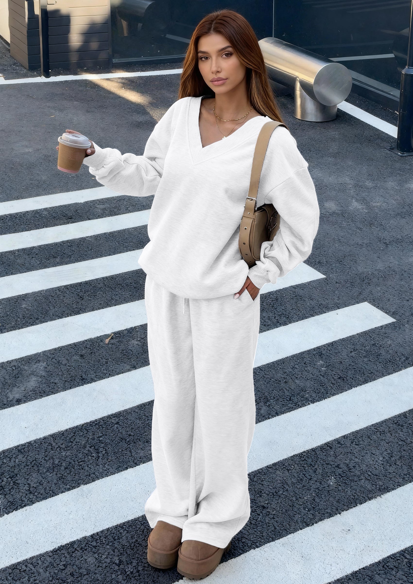 PRETTYGARDEN Casual Winter Two Piece Sets for Women V Neck Sweatshirt Loose Wide Leg Pants Tracksuit Knit Fall Outfits