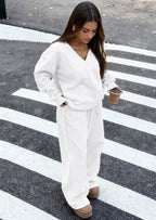 PRETTYGARDEN Casual Winter Two Piece Sets for Women V Neck Sweatshirt Loose Wide Leg Pants Tracksuit Knit Fall Outfits
